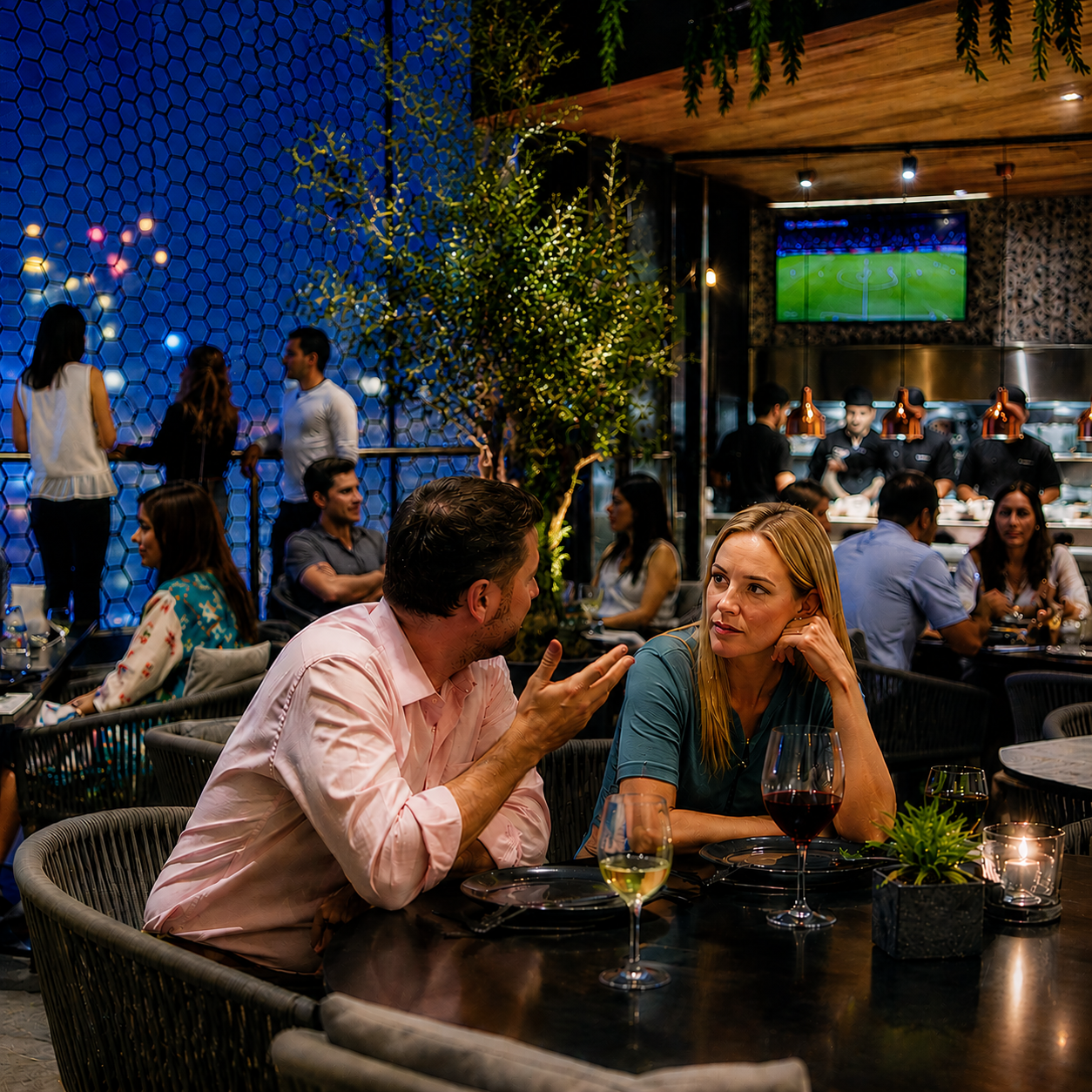 Restaurante lleno: las conversaciones y la música de las mesas vecinas invaden la charla