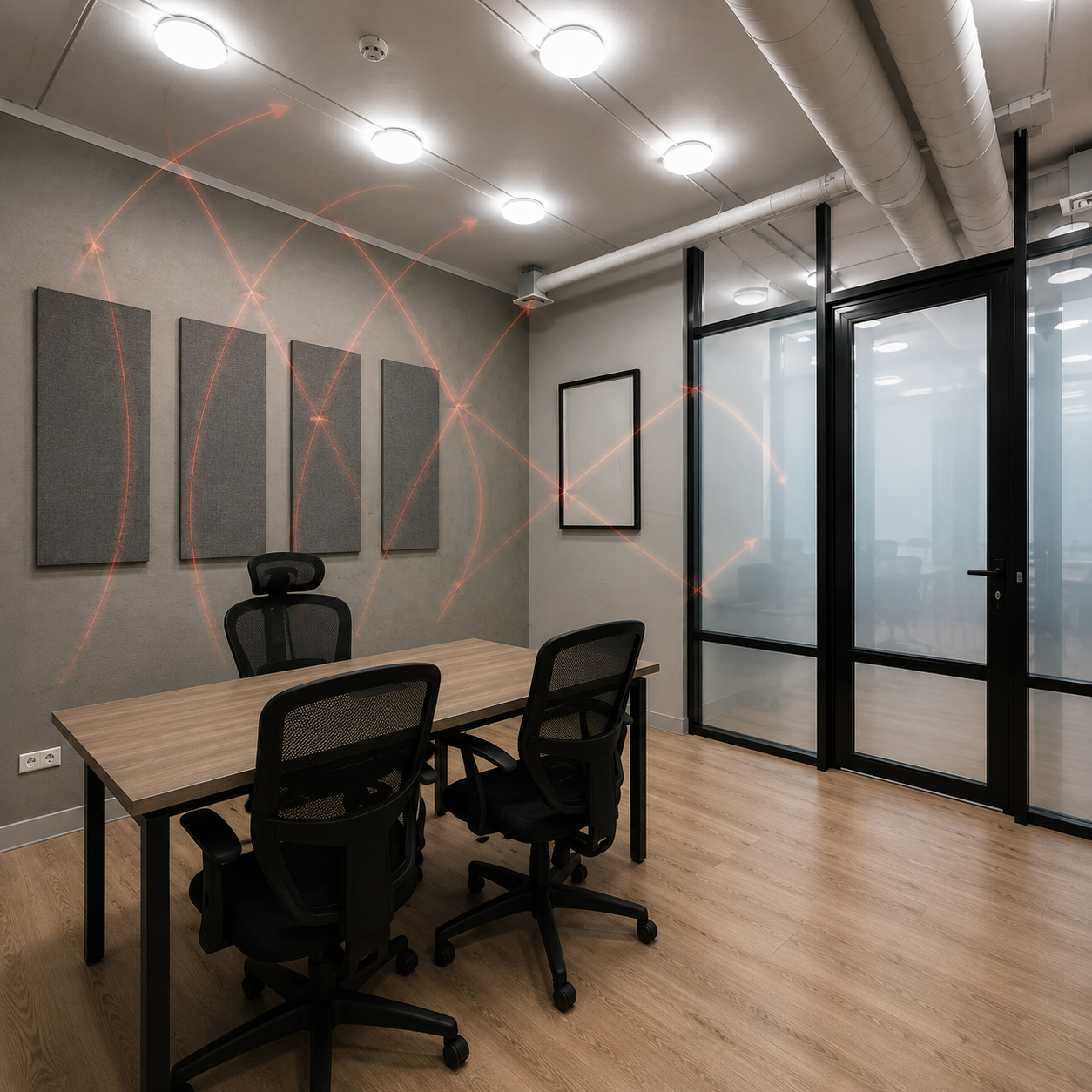 Sala con paneles acústicos en el muro donde el problema de transmisión continúa