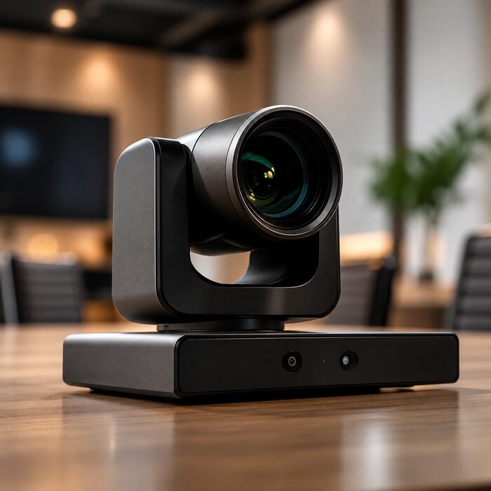 Cámara de videoconferencia sobre mesa