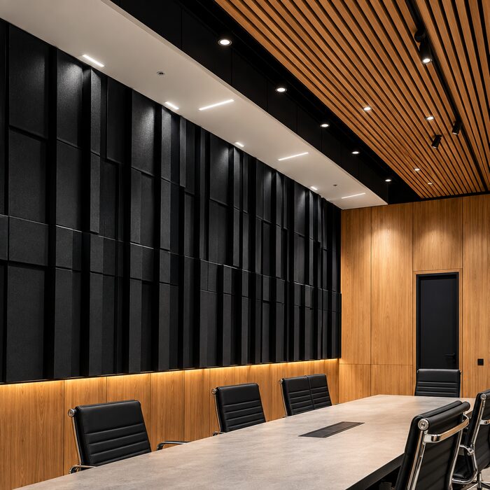 Sala con paneles acústicos negros y techo de madera