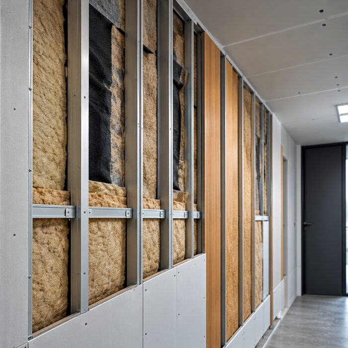 Muro en construcción con estructura metálica y lana mineral