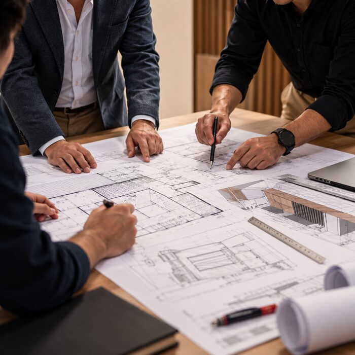 Equipo revisando planos arquitectónicos en mesa de trabajo