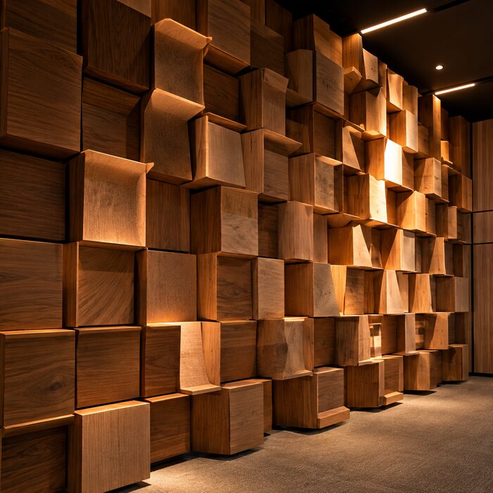 Muro con difusores acústicos de madera en volumen