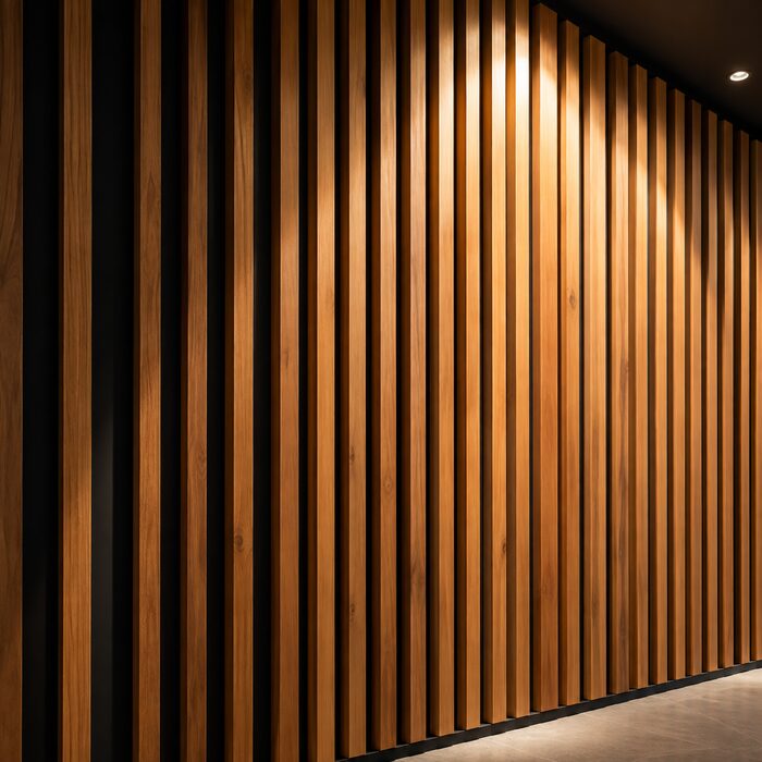 Muro con listones de madera vertical iluminados