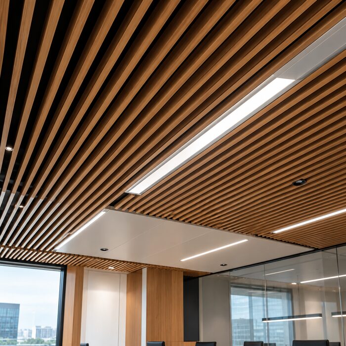 Plafón de madera con listones y luz lineal
