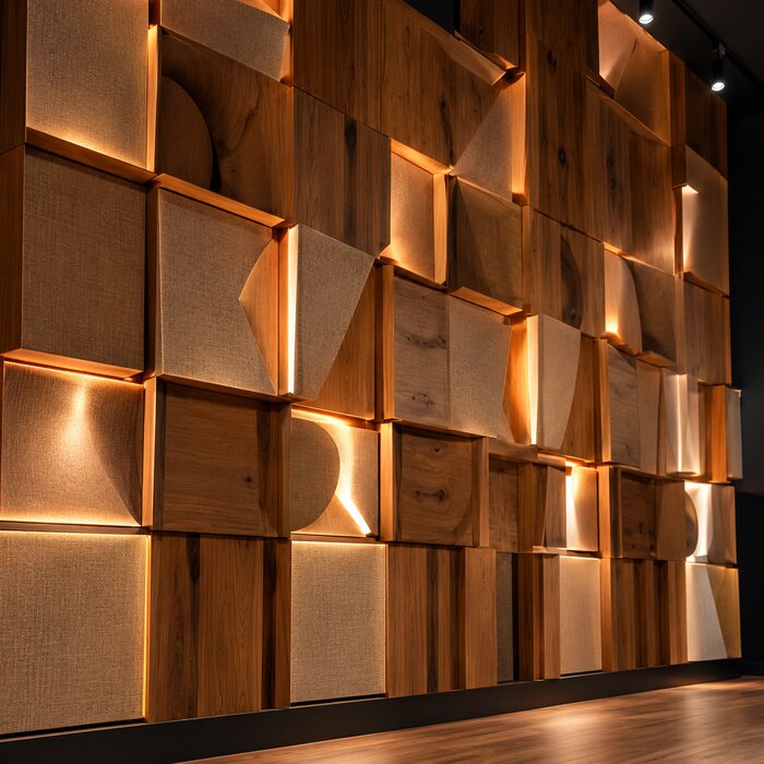 Muro con paneles de madera en volumen a la medida