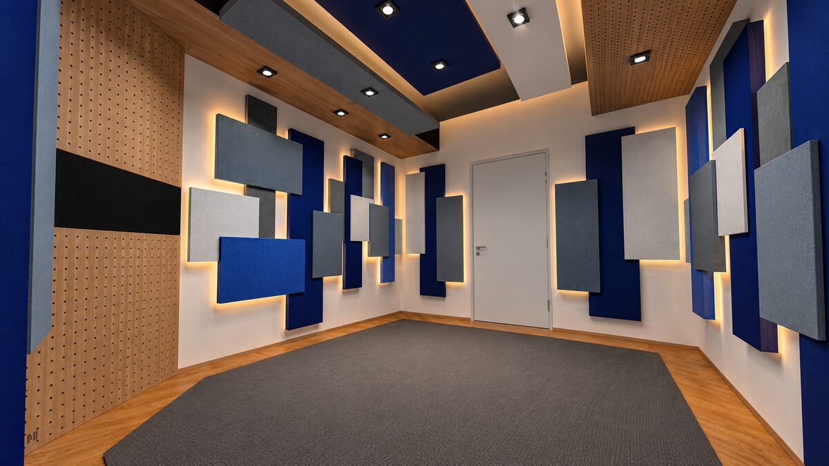 Sala con paneles acústicos azules y grises iluminados