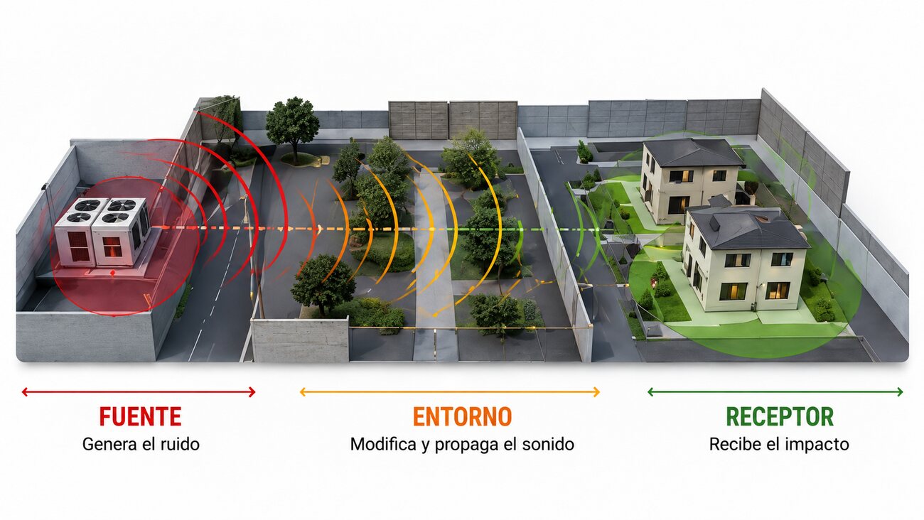 Diagrama isométrico: la fuente genera el ruido, el entorno lo modifica y propaga, y el receptor recibe el impacto