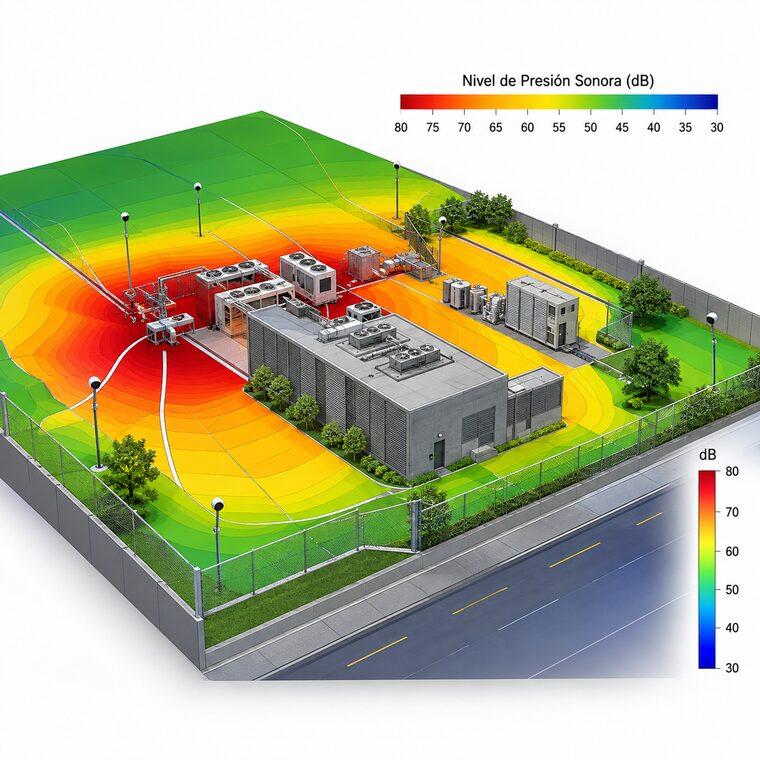 Mapa de predicción de nivel de presión sonora sobre un modelo 3D del predio