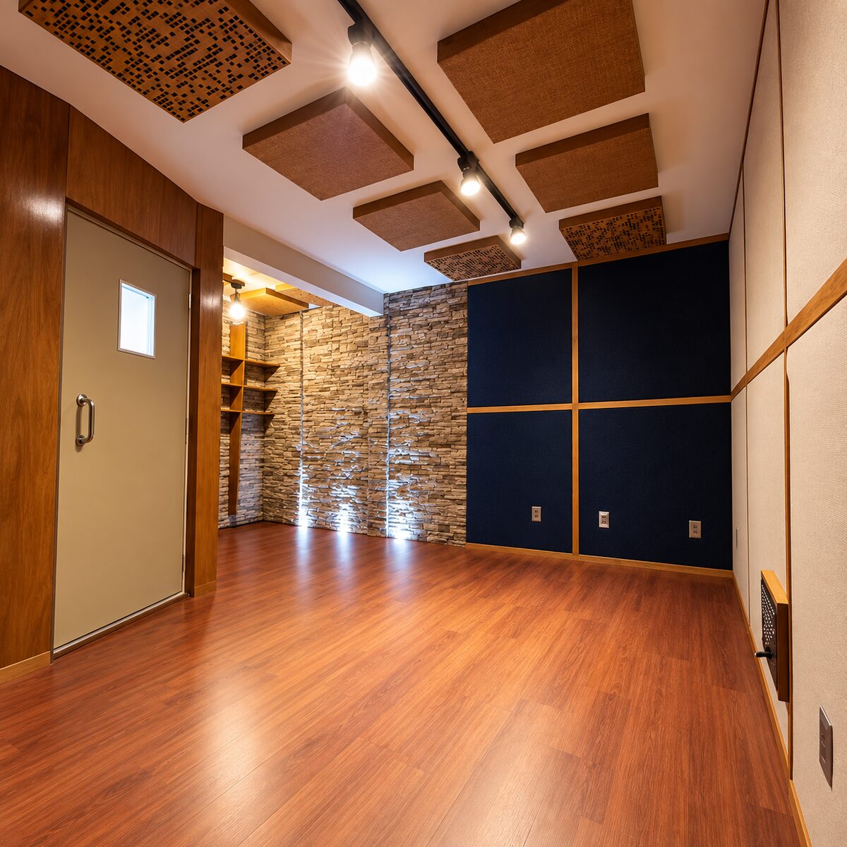 Pasillo con puerta acústica y panel de piedra y madera