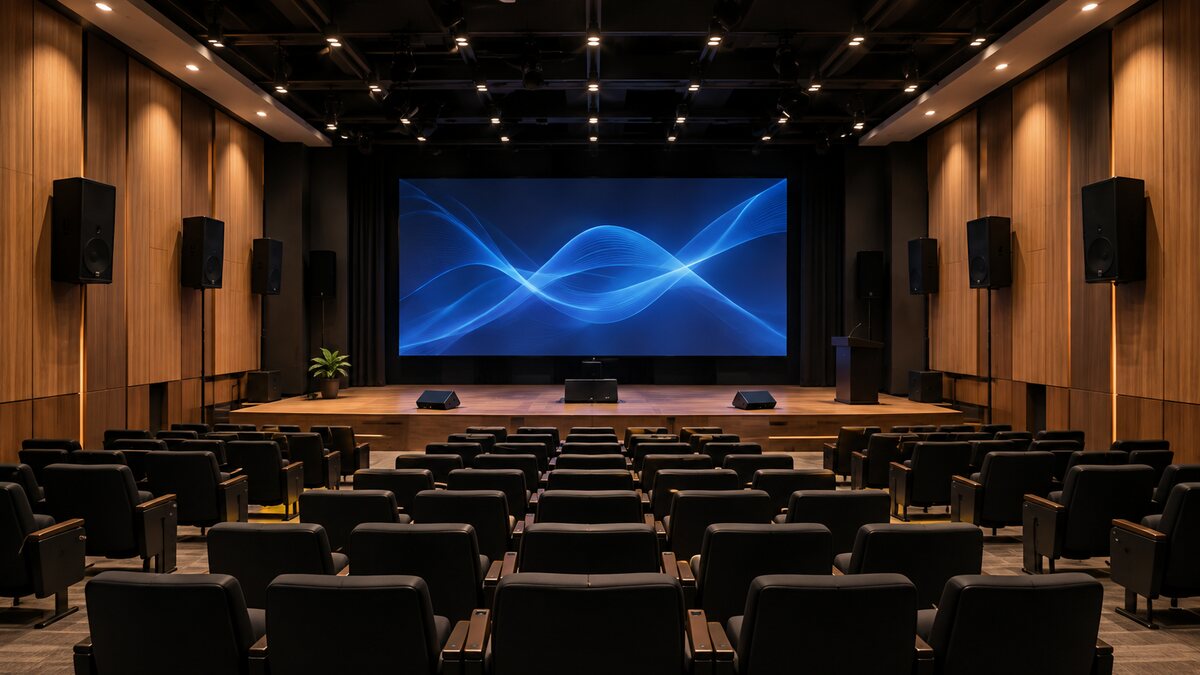 Auditorio con sistema de audio, video e iluminación integrados