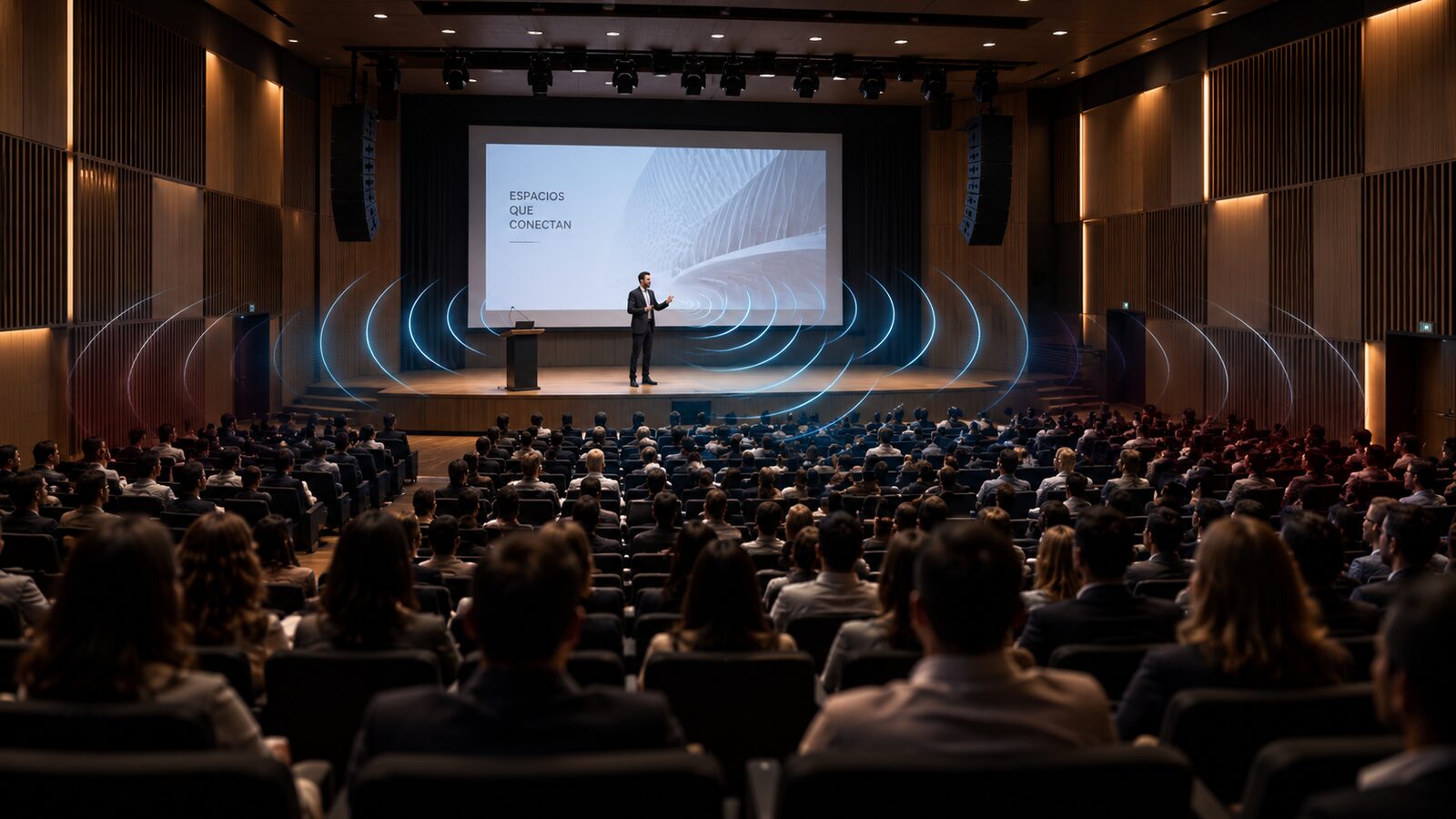 Auditorio durante una presentación: el sonido directo, las reflexiones y la cobertura desigual llegan de forma distinta a cada zona de la audiencia