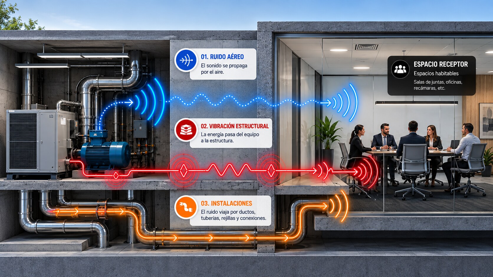 Corte de un cuarto de máquinas y la oficina contigua: el ruido aéreo, la vibración estructural y la transmisión por ductos y tuberías llegan hasta el espacio receptor